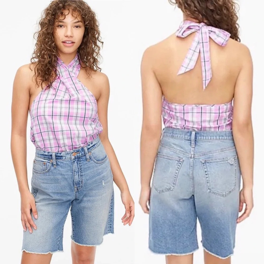 ✨NWT J. Crew Pink Violet Pastel Plaid Tie Neck Halter Top Size Small